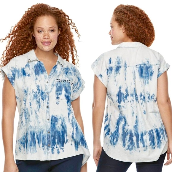⛄️Rock And Republic Studded Blue & White Tie-Dye Loose Buttoned Shirt Size Large - Picture 1 of 16
